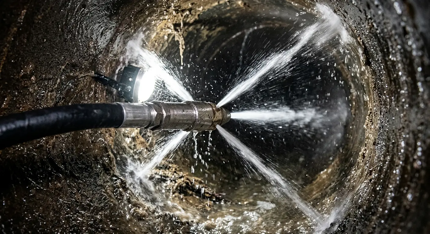 High-pressure hydro jetting nozzle cleaning sewer pipe for Storm Drain Cleaning in Carlsbad