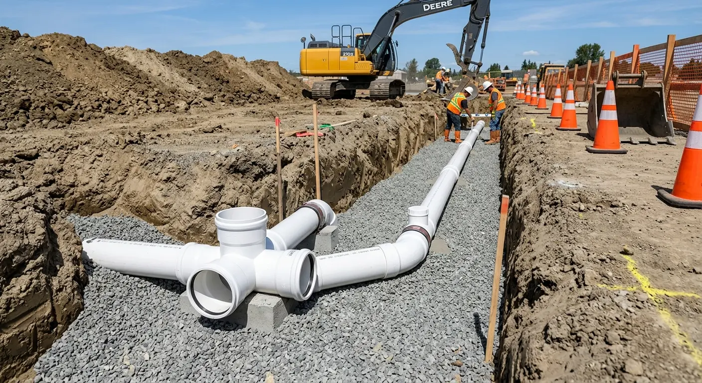 New PVC sewer pipe installation in open trench for Sewer Backup in Carlsbad
