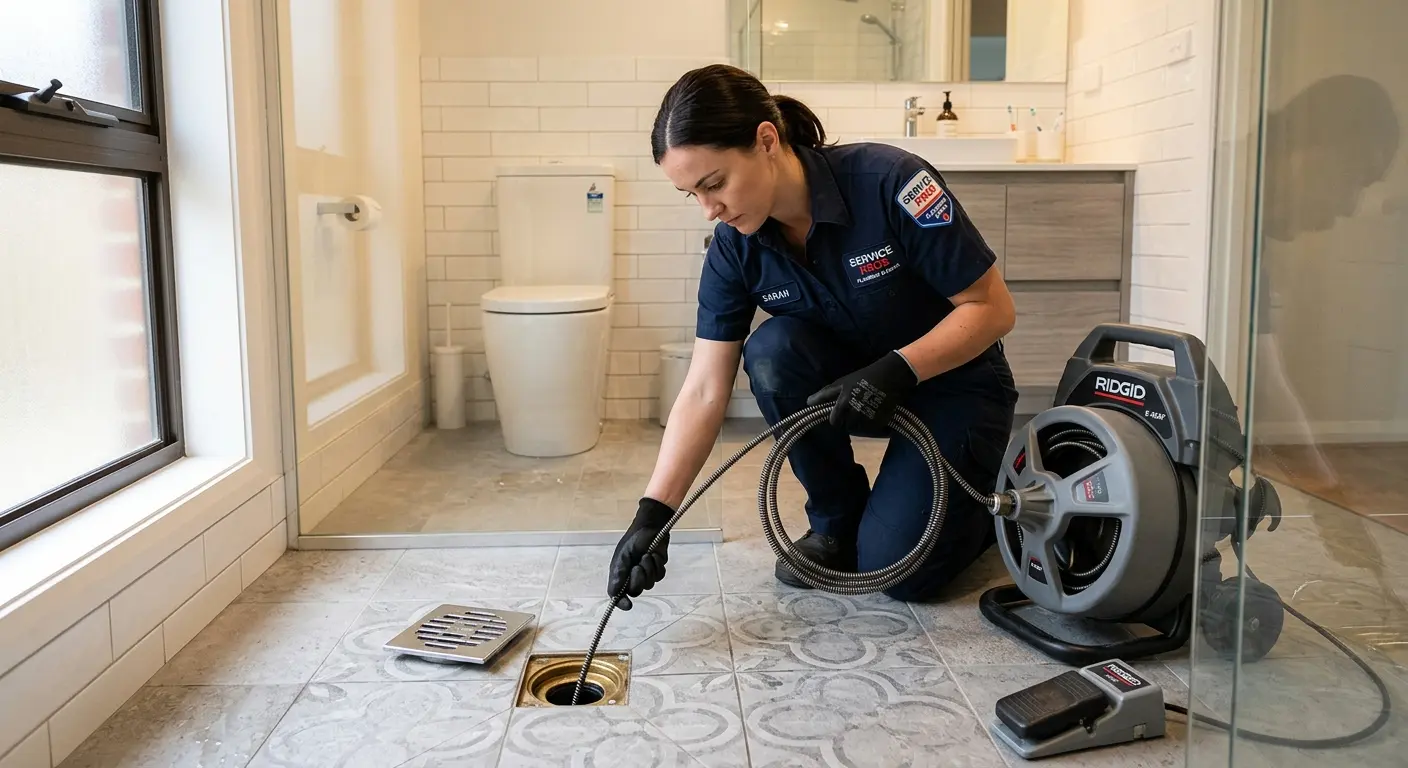 Technician clearing a bathroom floor drain for Drain Cleaning in Carlsbad
